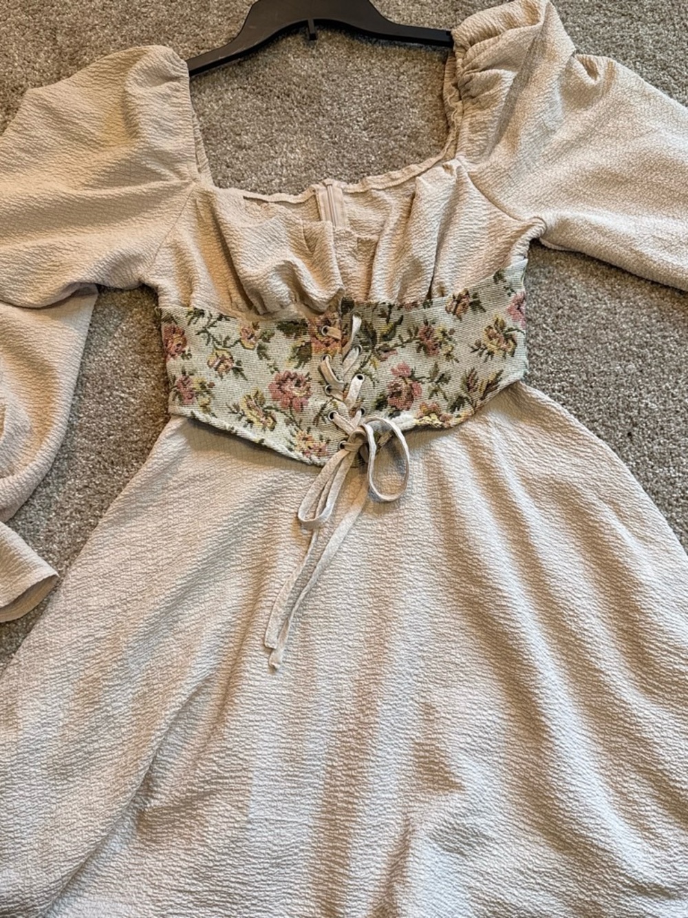 SHEIN Cream Textured Dress with Floral Lace-Up Waistband